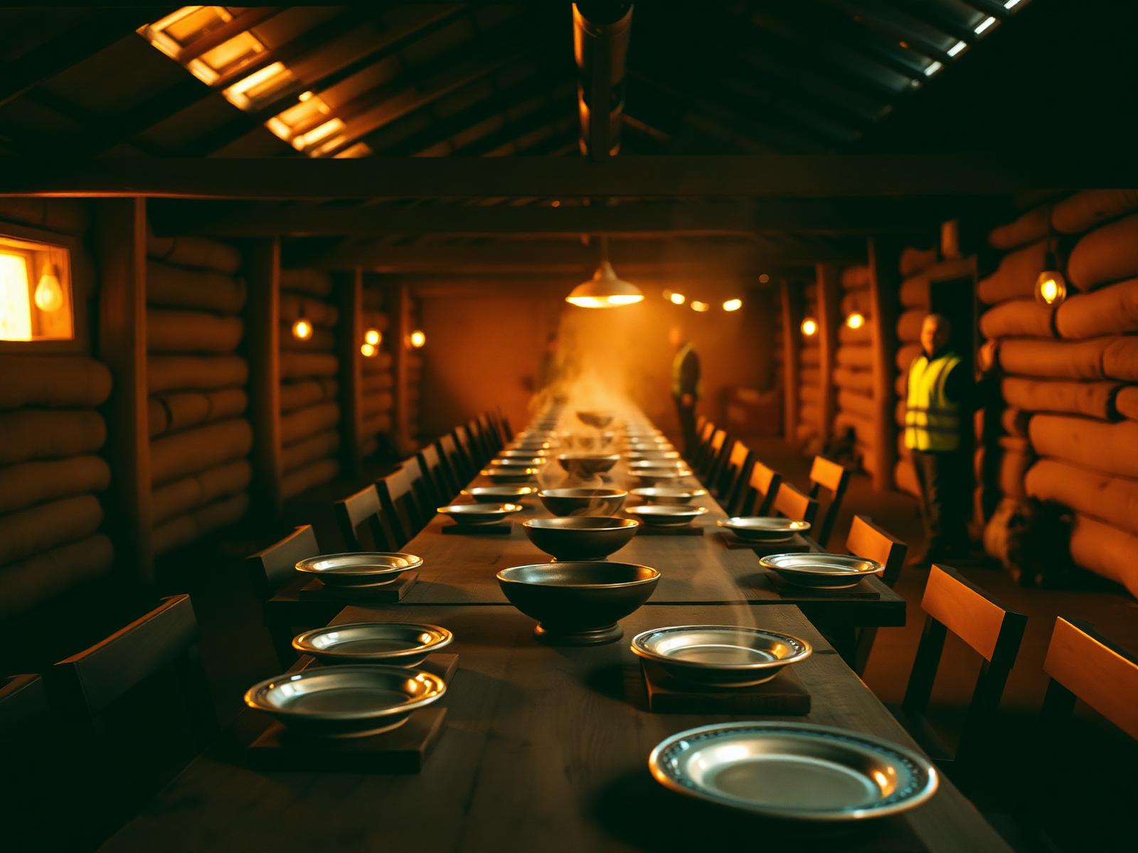 Comedor de campamento al atardecer
